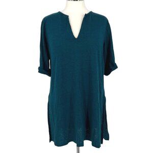 Wrap London Linen Tunic Top With Roll Tab Sleeves Teal Blue Size UK 14 US 10